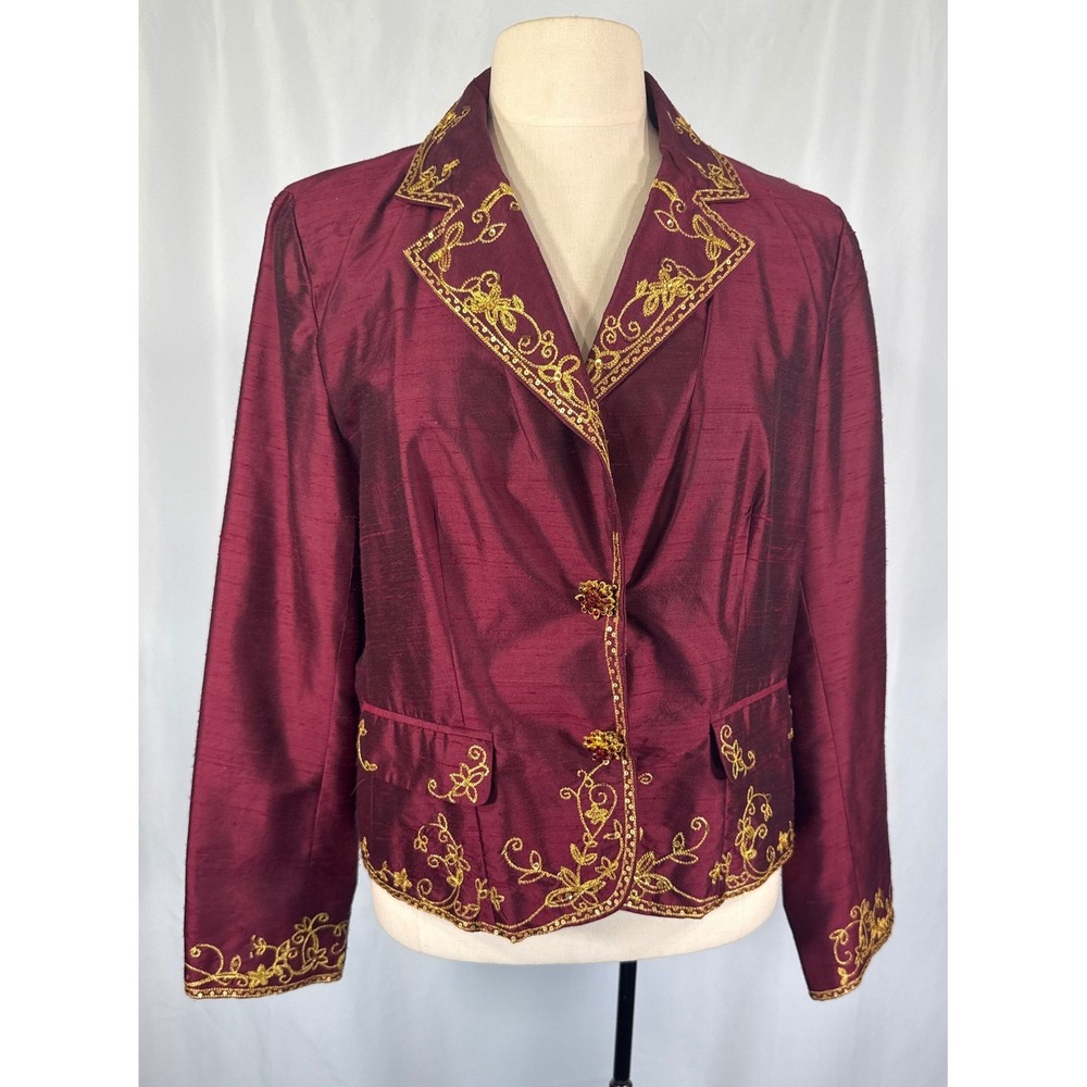 IXE Women Burgundy Silk Gold Embroidered Blazer Jacket XL Dark Academia Baroque